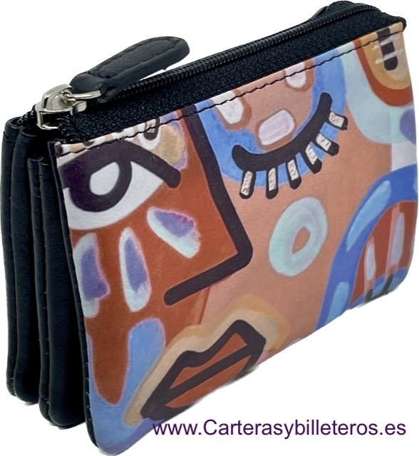 WOMEN'S LEATHER PURSE PAINTED CUBIST PAINTING WITH THREE COMPARTMENTS 
