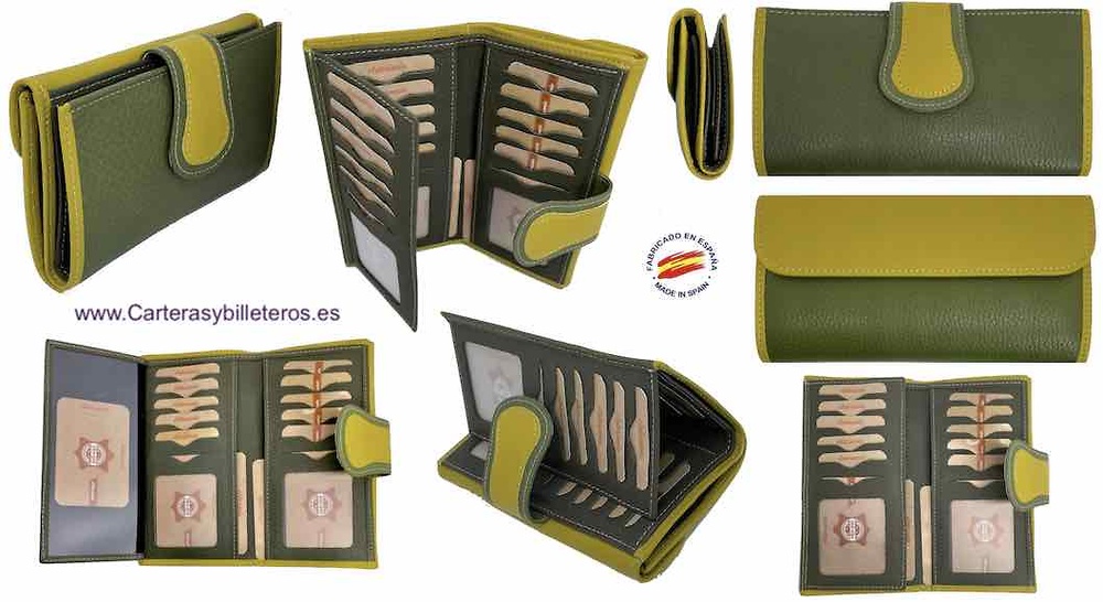 WOMEN'S LEATHER WALLET UBRIQUE LARGE IN GREEN AND LEMON GREEN 