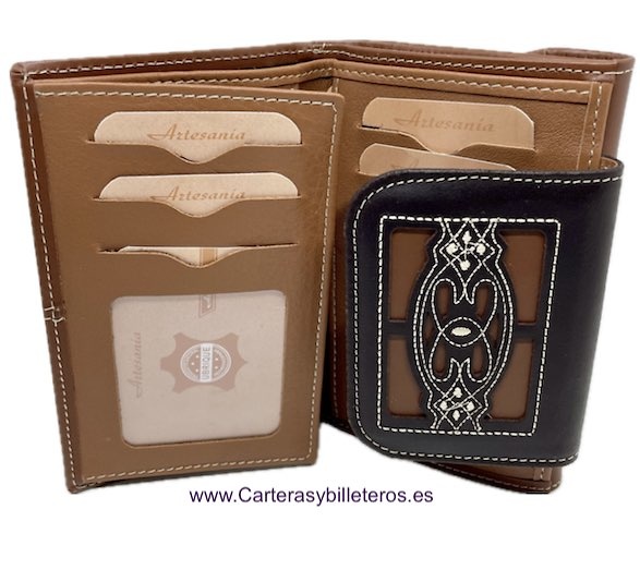 WOMEN'S LEATHER WALLET WITH LEATHER CLASP UBRIQUE EMBROIDERED SEVILLA 