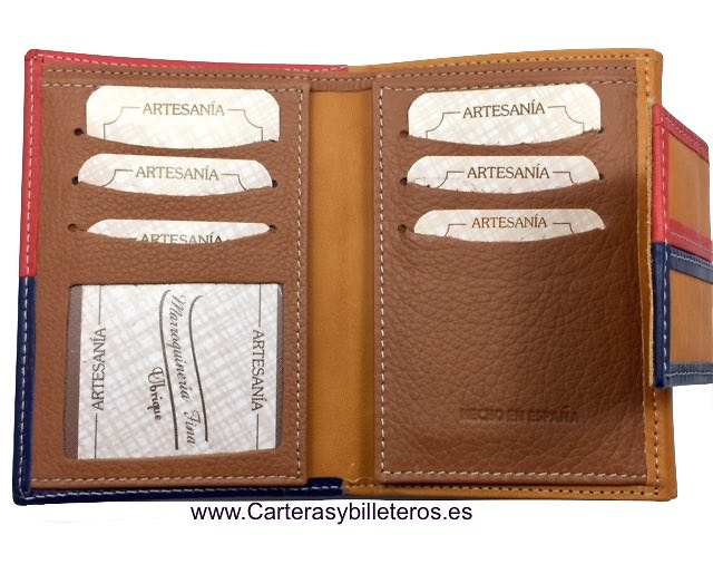 WOMEN'S LEATHER WALLET WITH MARINE AND RED ORNAMENT MADE IN SPAIN 