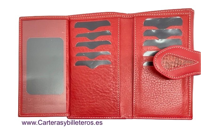 WOMEN'S LEATHER WALLET WITH RED PURSE MADE IN SPAIN GREAT CAPACITY 