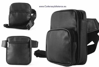 BLACK LEATHER BELT BAG WITH THREE POCKETS AND PEN HOLDER