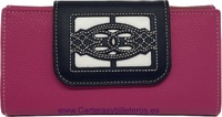 LARGE FUCHSIA WOMEN'S LEATHER WALLET WITH EMBROIDERED LEATHER FASTENER