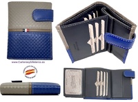 LEATHER WALLET PURSE WITH BLUE AND GRAY EXTERIOR CLOSURE WITH CHECKED WEFT