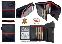 MEN'S LEATHER WALLET WITH EXTERNAL ZIP AND RED EMBROIDERY