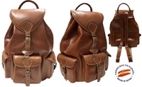 VERY LARGE LUXURY LEATHER BACKPACK WITH 4 POCKETS MADE IN SPAIN OF ARTISANAL SHAPE AND CLOSURE BELTS IN POCKETS