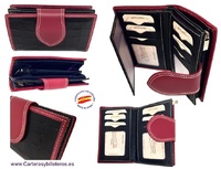 WOMAN'S WALLET IN COCONUT UBRIQUE LEATHER WITH PIPING AND BURGUNDY CLOSURE
