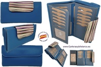 WOMEN'S LARGE BLUE LEATHER WALLET WITH COLOURED CLASP FASTENING
