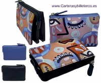 WOMEN'S LEATHER PURSE PAINTED CUBIST PAINTING WITH THREE COMPARTMENTS